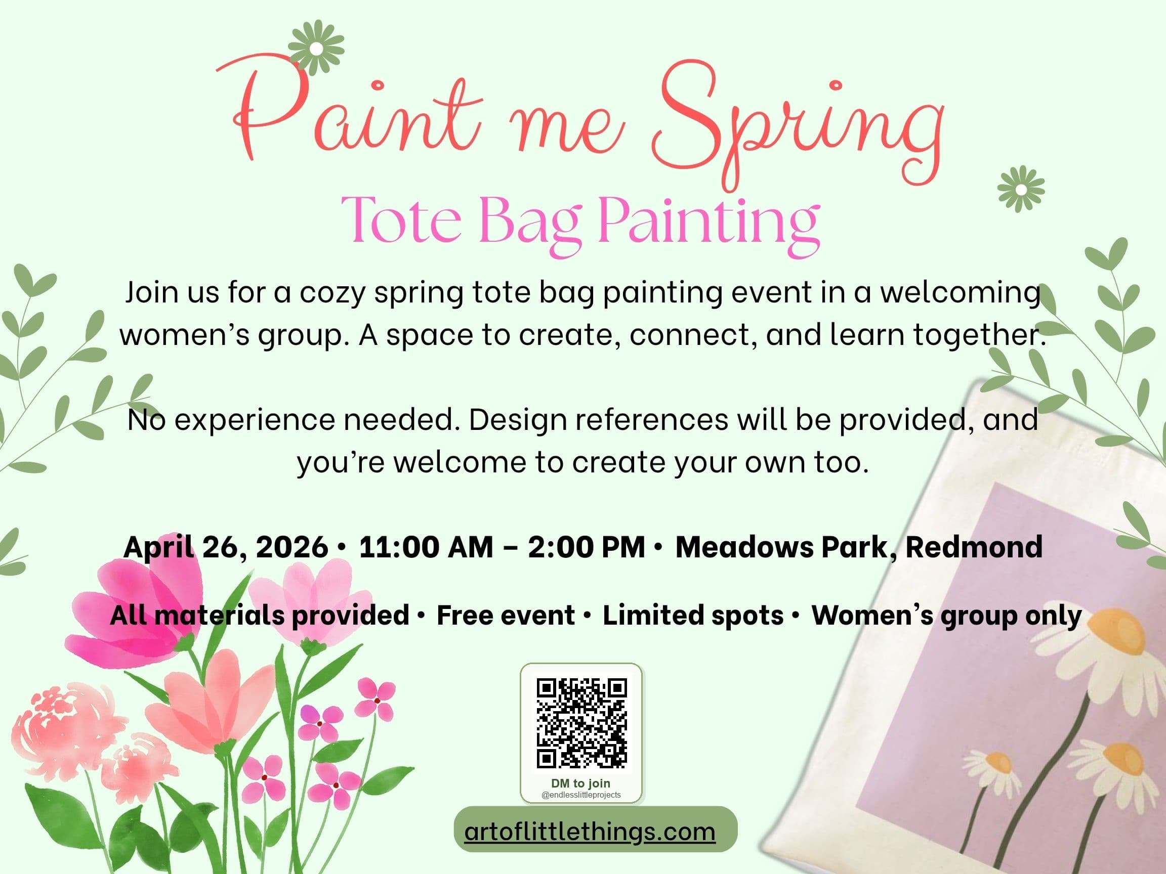 Paint Me Spring tote bag painting event poster